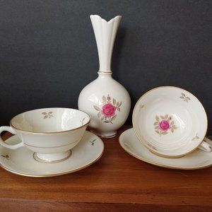 Vintage Lenox Rhodora  Pattern P471 Bone  China Tea Cups, Saucers, and Vase